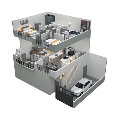 isometric view of 3d floor plan of a 2100 sq ft home at The Franklin Marlboro Apartments, New Jersey, 07746